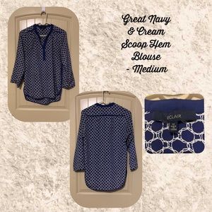 A StitchFix Navy & Cream Blouse- Scoop length, longer back - Sz. Medium